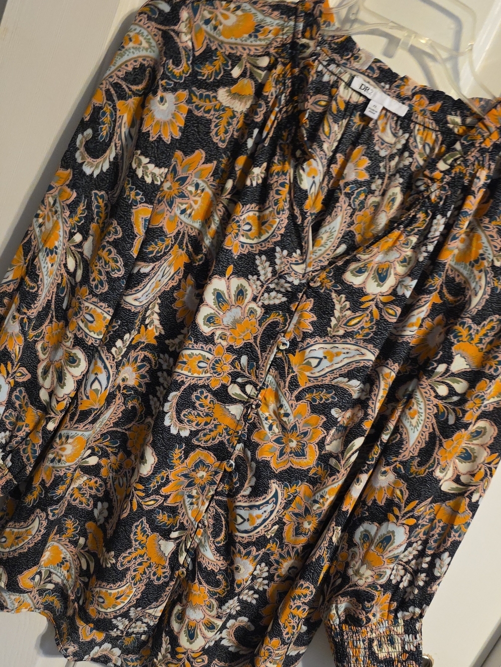 DR2 Black Floral Paisley Blouse with Mustard & Teal Accents T094